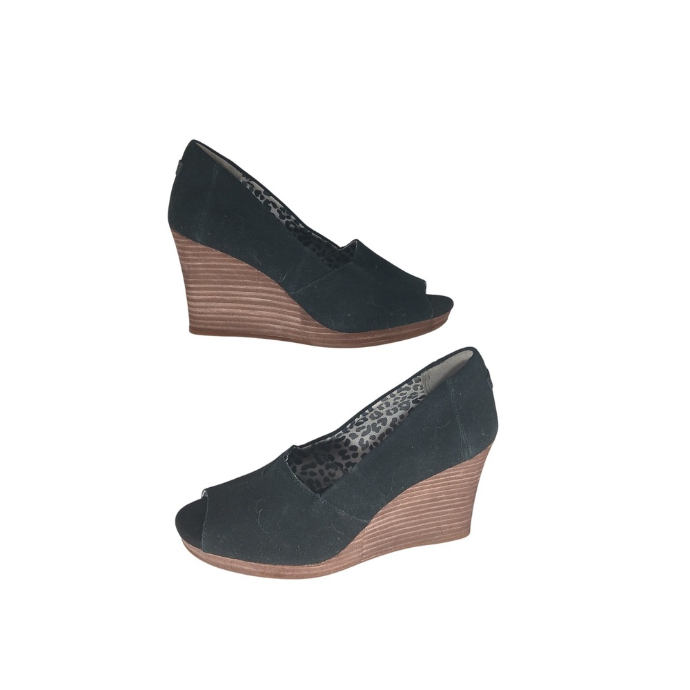 TOMS Peep Toe Wedge Sandals Size 6.5 Black Suede Boho Minimalist‎ Summer Heels